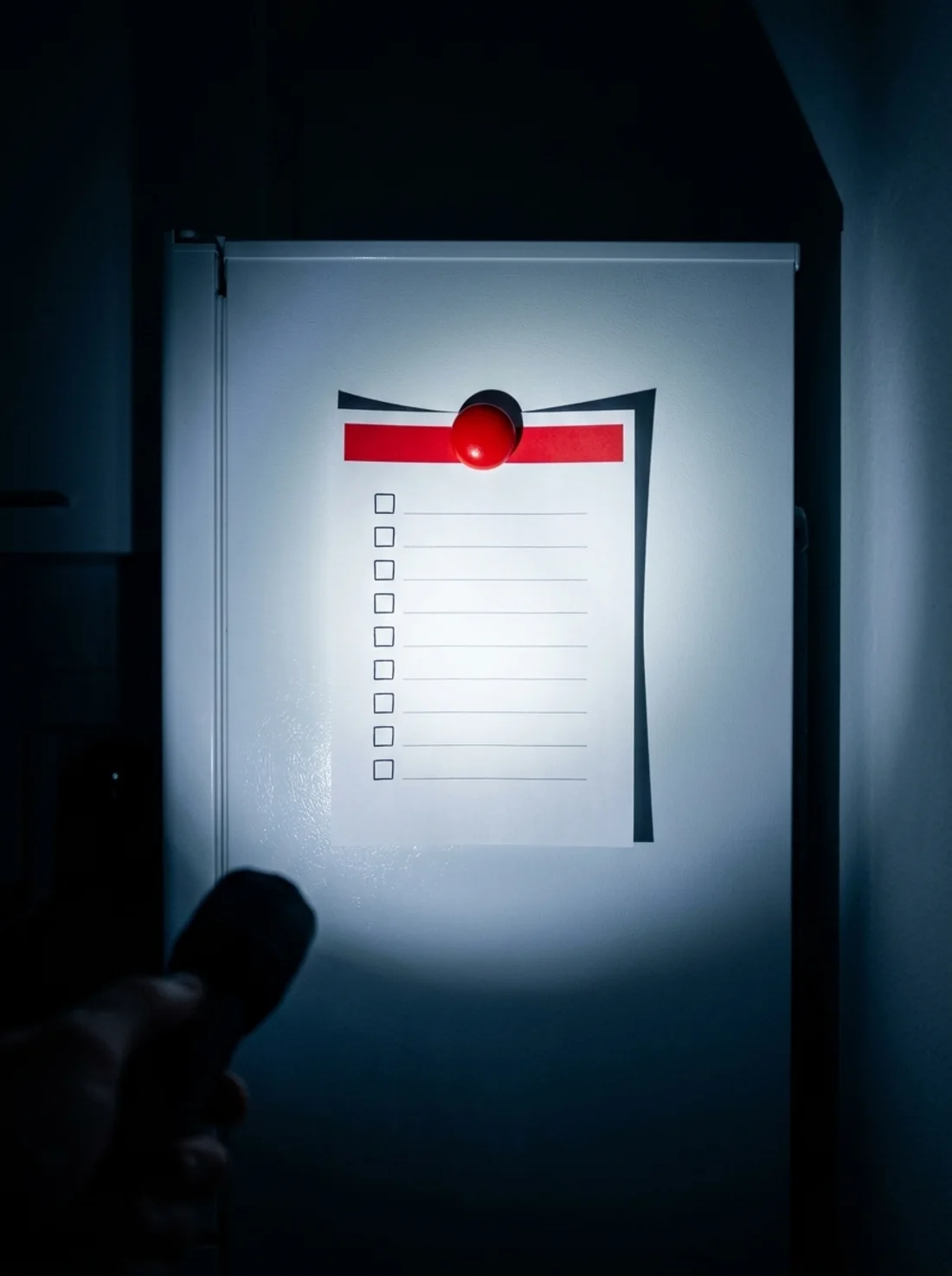 Ein Blatt mit roter Kante hängt unter einem roten Magneten an einer Kühlschranktür, angeleuchtet von einer Taschenlampe